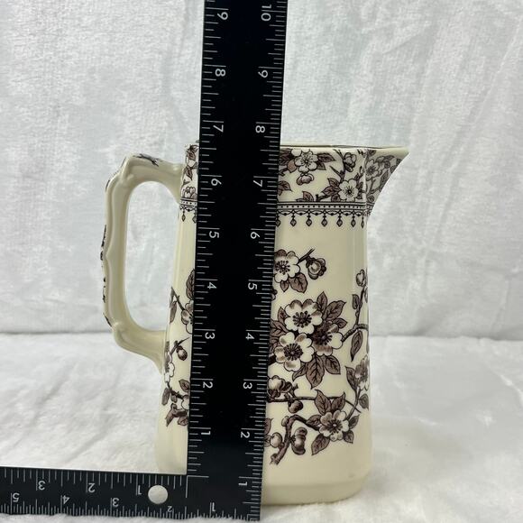 Two's Company Brown Transferware Pitcher 44oz Floral Ceramic Jug Square Rim 7.5" - Picture 7 of 9